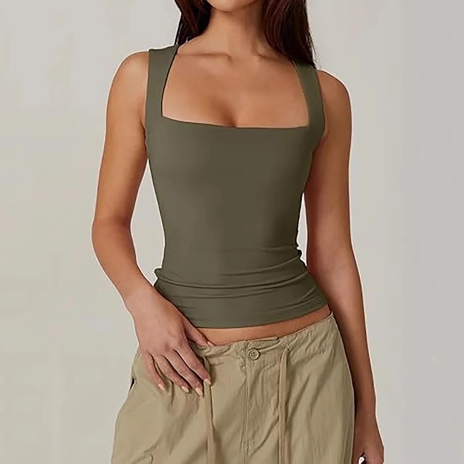 Womens Square Neck Tank Tops Summer Sleeveless Crop Tops Slim Fit Solid Basic T-Shirts Y2K Going Out Tops